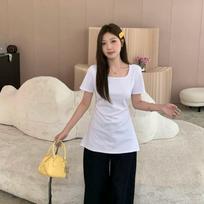 Summer Women Solid Color Square Neck Ruched Waist Short Sleeve T Shirt M