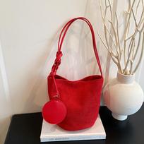 Solid Color Suede Bucket Bag for Women Large Capacity Underarm Tote Bag Casual Shoulder Handbag Purse red