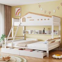 Bunk bed, children's bed, with color-contrasting safety rail, drawers, four-step angled ladder, pine+MDF, white+natural, 90x200cm&140x200cm 205 x 148.5 x 167.5 cm