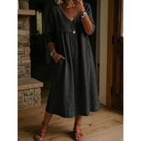 VEZFAA Women's Fashion Summer Spring Solid Color Print 1/2 Sleeves V-Neck Loose Waistlinet Casual Dresses S
