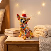 Chihuahua Figurine with Santa Hat Artistic Dog Statue Patterned for Shelf, Desk brown