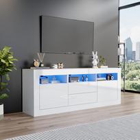 160*35*60cm Blizgus televizoriaus spintelė su LED apšvietimu, 3 atviros lentynos, 2 durys, 2 stalčiai, valdoma išmaniąja programėle, 70 colių televizoriams, Blizgus televizoriaus stovas balta