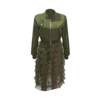 Solid Color Women's Long Sleeve Zippered Ruffled Mesh Patchwork Jacket Coat XXXL