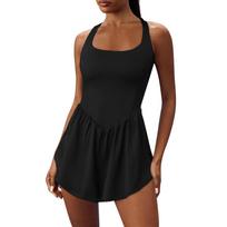 Womens Solid Color Sports Rompers Built In Shorts Casual Jumpsuit Workout Athletic Romper Sleeveless Vacation Outfit L
