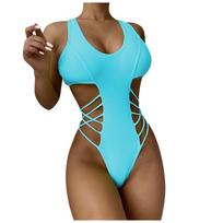 Women Sexy One Piece Solid Color Cut Out Monokini Swimsuit High Cut Leg Strappy Side Beachwear Swimwear L blue