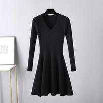 Women's autumn and winter V-neck solid color long-sleeved slim-fitting A-line chic knitted sweater dress S