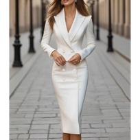 BITCED Women's Fashion Autumn Winter Solid Color Print Long Sleeve POLO Neck Casual Dresses S white