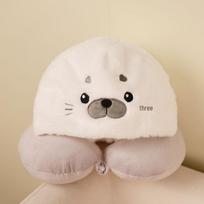 Three-in-One Cute Cartoon Seal Plush: Neck Pillow, Seat Cushion, & Ear-Warming Hat See Details As Shown white