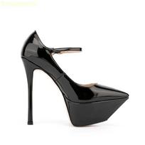 Women's Solid Color Leather Platform High Heels Pointed Toe Super High Thin Heel Sandals Ankle Strap Buckle Shallow Sexy Pumps 34