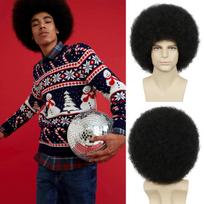 Vyriški afro perukas 70-ųjų diskotekos rokerio vakarėliui Juodas afro sintetinis perukas Unisex suaugusiųjų afro perukai kasdieniam ir vakarėlių naudojimui juoda