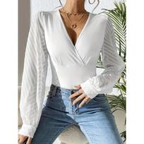 Women Solid Patchwork Deep V Neck Long Sleeve Knit Chiffon Blouse Top S
