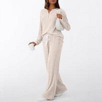 Women V Neck Long Sleeve Solid Pajamas Two Piece Set Casual Home Loungewear S