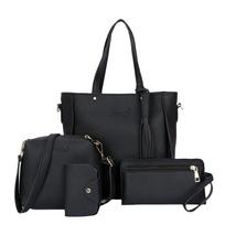 4pcs/set Solid Color Women Crossbody Bag tassel Handbag Temperament PU Leather Shoulder Bag  Girls black