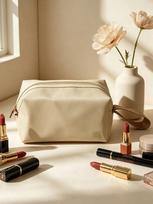 BURBERRY Cream Solid Color Gold Zipper Makeup Bag Brand Beauty Accessory, Waterproof Portable Cosmetic Storage Pouch with Side Carry Strap
