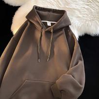 Men's Solid-Color Fleece-Lined Hooded Jacket for Fall/Winter: Youth-Style, Minimalist, Long-Sleeve Casual Sweatshirt XS
