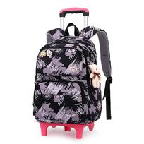 Trolley Schoolbag with Bear Pendant and 6 Wheels Orthopedic Backpack for Girls Kids Luggage School Bags white