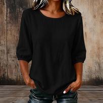 Women's Casual Pullover Top with Round Neck and Three-Quarter Sleeves, Color Loose Fit Blouse XXL tamsiai mėlyna