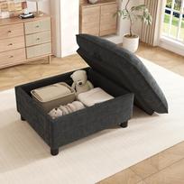 Sofa su pufu ir daiktadėže, veliūras, paminkštintas pufas-suoliukas su 8 cm kojelėmis, universalus sėdimasis pufas svetainei, miegamajam, juodas, 98x65x48 cm 98 x 65 x 48 cm juoda