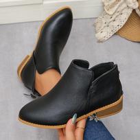 Women's Solid Color Pointed-Toe Back-Zip Thick-Soled Chunky-Heel Martin Boots, Slimming European Style, Available In Large Sizes. 36
