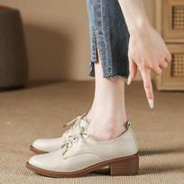 Fashion 2025 Solid Color Office Shoes Lace Up Round Toe Soft Bottom Thick Heels Leisure Pumps Leather Comfortable Mid Heels Women Shoes 34