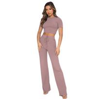 European and American Women's Fashion: Solid Color High-Elastic Shaping Rib-Knit Short-Sleeve Top & Wide-Leg Pants Two-Piece Set. S gray