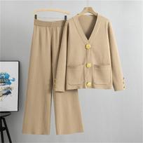 Women's Autumn And Winter Big Button Knitted Sweater Two Piece Suit Loose Casual Wide Leg Pants Set One Size