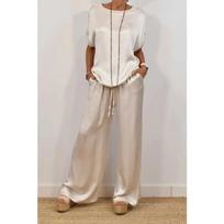 women's Solid Color Satin Short Sleeve Top Wide Leg Long Pants Casual Two Piece Pant Set Elegant Loungewear Outfit XS