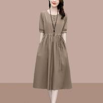 Summer Solid O Neck Pocket Drawstring Midi Dress Women Fashion Korean Elegant Cotton Linen Casual Loose Comfortable Dresses M