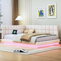 Apmušta lova-sofa 140*200 daugiafunkcinė lova su LED juostele, USB lizdu ir grotelėmis, odai draugiška lininė smėlio spalva 206 x 147 x 63 cm smėlis