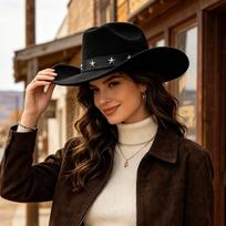 Curved Brim Fedora Hat Big Brim Cowboy Cap Fashion Western Top Hat  Church black