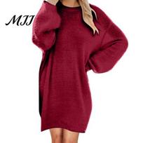 Solid Color Tunic Dress Women Mini Oversized Sweater Dress, Long Sleeve Round Neck Knit Pullover Top, Fall Winter Loose Casual XXL