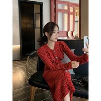 Hui New Year's robe, red knitted sweater skirt, crew neck dress, women's clothing, autumn and winter high-end long dress XL raudona