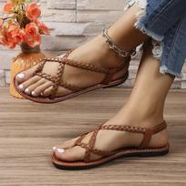 Women's Solid Color Casual Sandals, Lightweight Flat Braided Elastic Shoes Summer Holiday Beach Shoes 36 brown