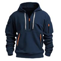 Men Solid Navy Half Zip Hoodie Sweatshirt Orange Contrast Zipper Multi Pocket Long Sleeve Pullover S