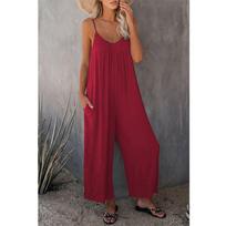 Women's V Neck Sleeveless Loose Fit Jumpsuit Solid Color Pocket Elegant Summer Polyester Wide Leg Romper S gray
