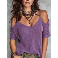 Solid Color Off Shoulder Short Sleeve Loose Knit Top For Women S