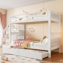 =(WX000818AAK) 90*200cm Bunk Bed, Stair Shelf, equipped with two Drawers, high Railings, EN747-1 certified, white 251.5 x 97 x 160 cm balta