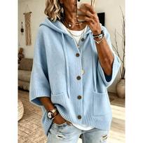 Autumn Winter Button Knit Hooded Sweater Cardigan Solid Color Casual Fashion Women's Coat Jacket S