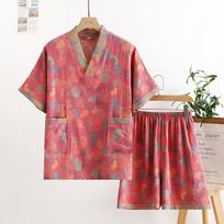 Sauna Jacquard Shorts Pajama Sets Women Couple Men Short Sleeves  Double Gauze Wrinkly Cotton Pyjamas Sleepwear M pink