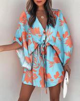 Summer Feifei Sleeve V-Neck Lace-Up Casual Vacation Dress Women's Clothing S šviesiai mėlyna spalva