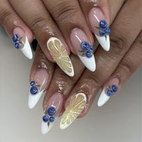 24PCS Spring Summer Pink French Press on Nails Fresh Lemon Strawberry Design Fake Nails for Women Sweet Fruit Almond False Nails black