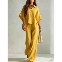 Solid Color Pants Set Summer Loose Half-sleeved Shirt Loose Wide-leg Trousers Two-piece Set Fashion Vacation Suit S yellow
