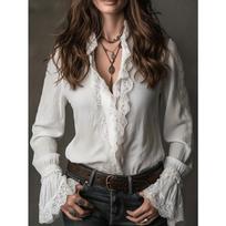 QICED Women's Fashion Casual Solid Color Print Long Sleeve V-Neck Blouses & Shirts S gray