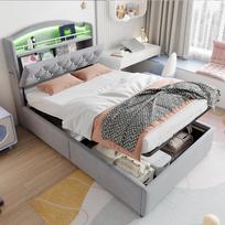 Children's Upholstered Bed 90x200, Velvet Single Bed Multifunctional Bed with Storage with LED and USB Grey 221 x 94.4 x 109 cm pilka
