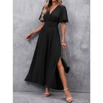 BITCED Fashion Summer Spring Solid Color Print Short Sleeve V-Neck  Casual Dresses S