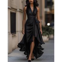 QICED Fashion Summer Spring Solid Color Print V-Neck Sleeveless Casual Dresses S