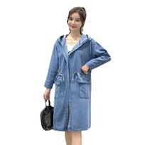 Women's Solid Color Mid-Length Denim Jacket Long Sleeve Loose Hooded Cardigan Windbreaker XS
