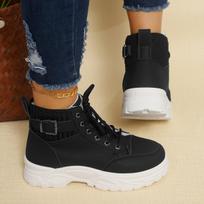 Winter Women's Solid Color Platform Short Boots Lace Up Plush Lined Boots Comfortable Ankle Boots 45