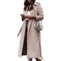 Women Oversize Coat Solid Color Belt Autumn Winter Turndown Collar Split Hem Long Coat for Office S
