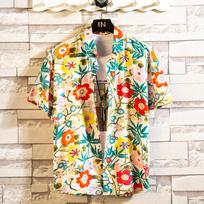 Summer Men's Hawaiian Shirt Printed Short Sleeve Big Size Hawaii Men Beach Floral Shirts S beige